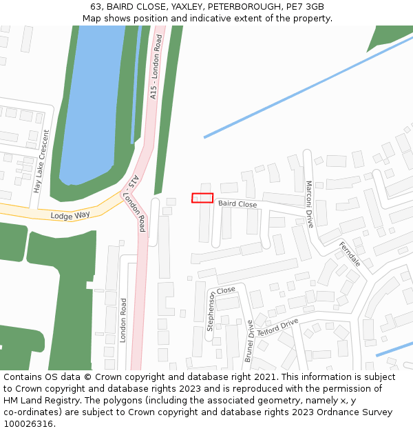 63, BAIRD CLOSE, YAXLEY, PETERBOROUGH, PE7 3GB: Location map and indicative extent of plot