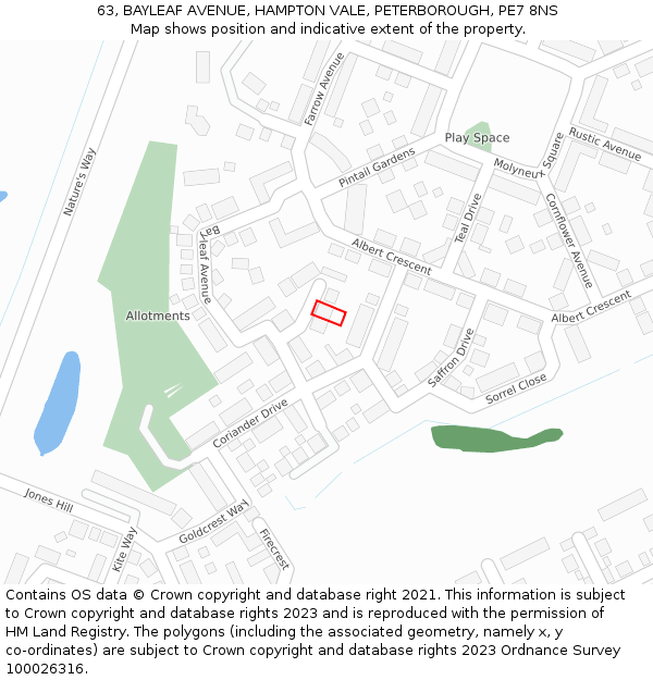 63, BAYLEAF AVENUE, HAMPTON VALE, PETERBOROUGH, PE7 8NS: Location map and indicative extent of plot