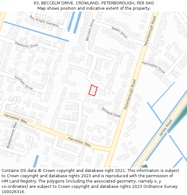 63, BECCELM DRIVE, CROWLAND, PETERBOROUGH, PE6 0AG: Location map and indicative extent of plot