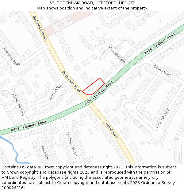 63, BODENHAM ROAD, HEREFORD, HR1 2TP: Location map and indicative extent of plot