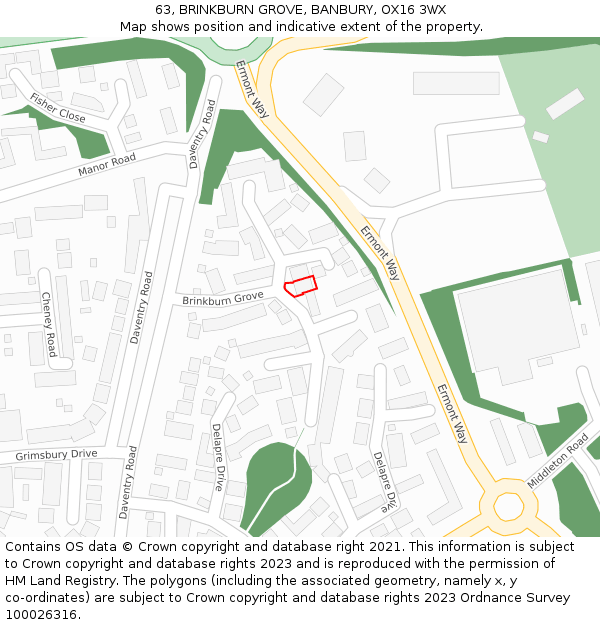 63, BRINKBURN GROVE, BANBURY, OX16 3WX: Location map and indicative extent of plot