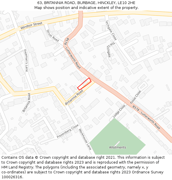 63, BRITANNIA ROAD, BURBAGE, HINCKLEY, LE10 2HE: Location map and indicative extent of plot