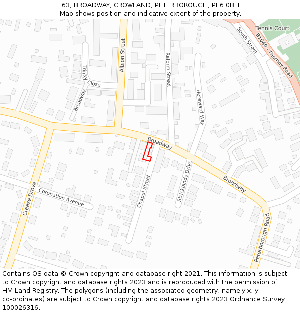 63, BROADWAY, CROWLAND, PETERBOROUGH, PE6 0BH: Location map and indicative extent of plot