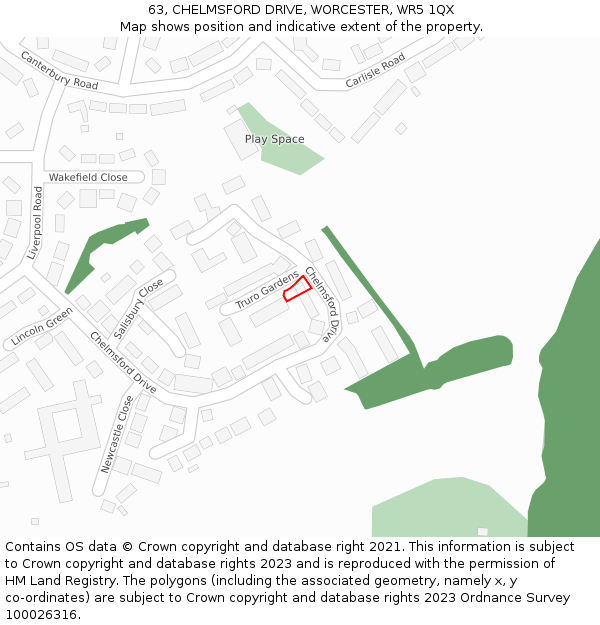63, CHELMSFORD DRIVE, WORCESTER, WR5 1QX: Location map and indicative extent of plot