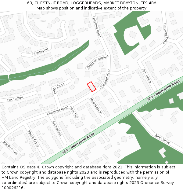 63, CHESTNUT ROAD, LOGGERHEADS, MARKET DRAYTON, TF9 4RA: Location map and indicative extent of plot