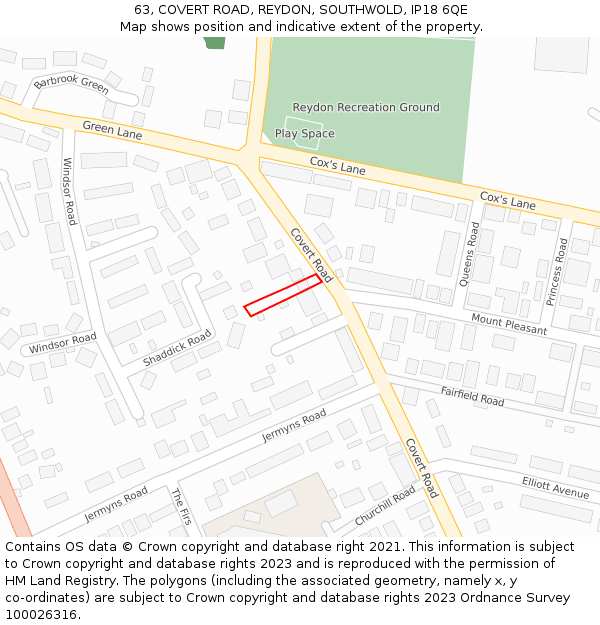 63, COVERT ROAD, REYDON, SOUTHWOLD, IP18 6QE: Location map and indicative extent of plot