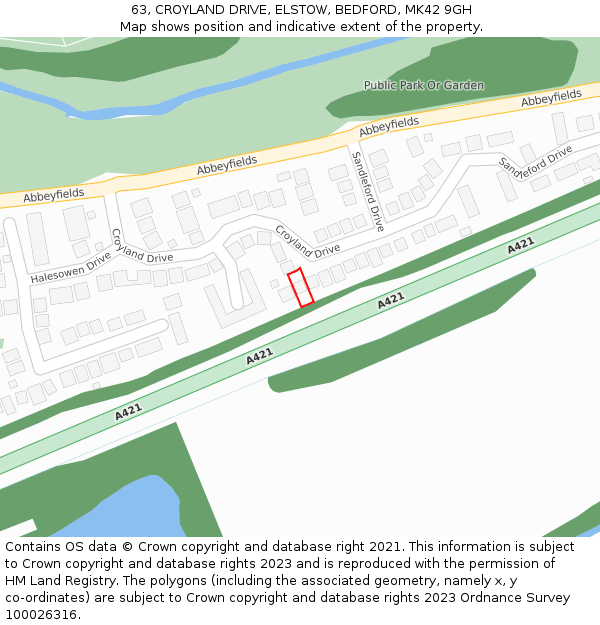63, CROYLAND DRIVE, ELSTOW, BEDFORD, MK42 9GH: Location map and indicative extent of plot