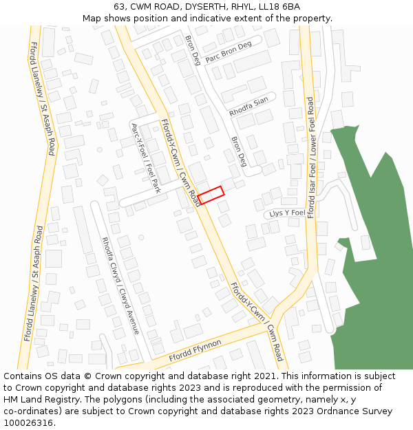 63, CWM ROAD, DYSERTH, RHYL, LL18 6BA: Location map and indicative extent of plot