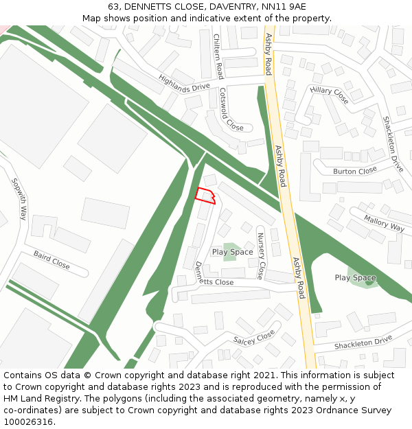 63, DENNETTS CLOSE, DAVENTRY, NN11 9AE: Location map and indicative extent of plot