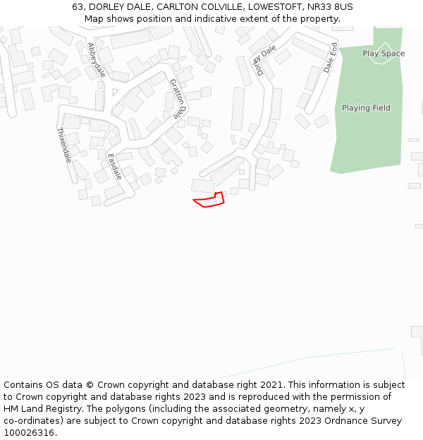 63, DORLEY DALE, CARLTON COLVILLE, LOWESTOFT, NR33 8US: Location map and indicative extent of plot