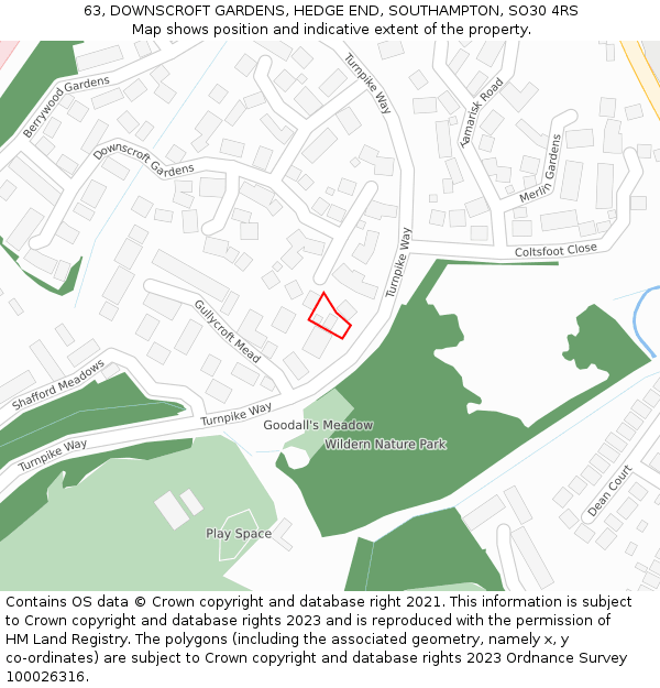 63, DOWNSCROFT GARDENS, HEDGE END, SOUTHAMPTON, SO30 4RS: Location map and indicative extent of plot