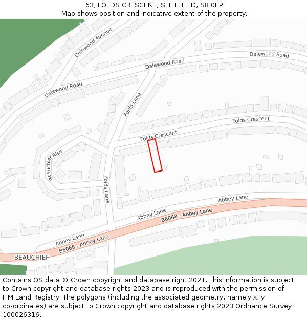 63, FOLDS CRESCENT, SHEFFIELD, S8 0EP: Location map and indicative extent of plot