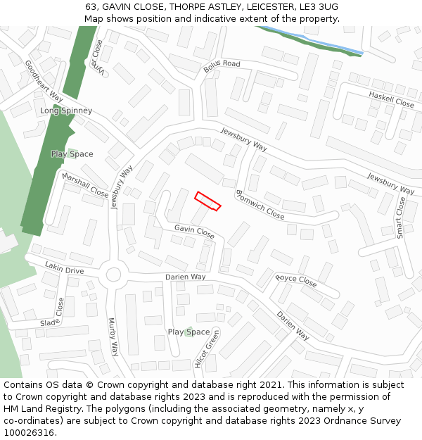 63, GAVIN CLOSE, THORPE ASTLEY, LEICESTER, LE3 3UG: Location map and indicative extent of plot