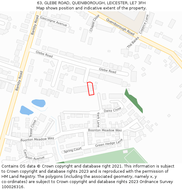 63, GLEBE ROAD, QUENIBOROUGH, LEICESTER, LE7 3FH: Location map and indicative extent of plot