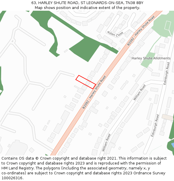 63, HARLEY SHUTE ROAD, ST LEONARDS-ON-SEA, TN38 8BY: Location map and indicative extent of plot