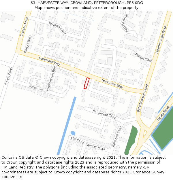 63, HARVESTER WAY, CROWLAND, PETERBOROUGH, PE6 0DG: Location map and indicative extent of plot