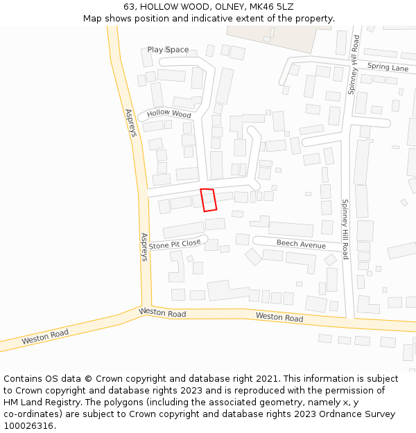 63, HOLLOW WOOD, OLNEY, MK46 5LZ: Location map and indicative extent of plot