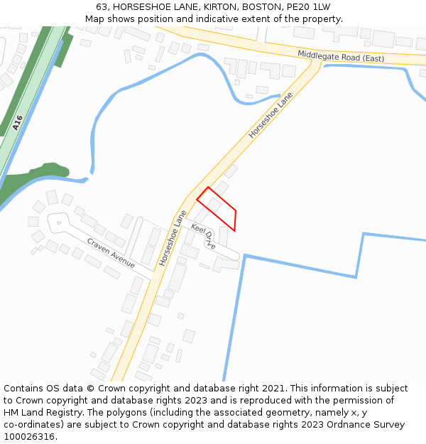 63, HORSESHOE LANE, KIRTON, BOSTON, PE20 1LW: Location map and indicative extent of plot