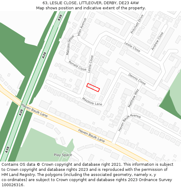 63, LESLIE CLOSE, LITTLEOVER, DERBY, DE23 4AW: Location map and indicative extent of plot