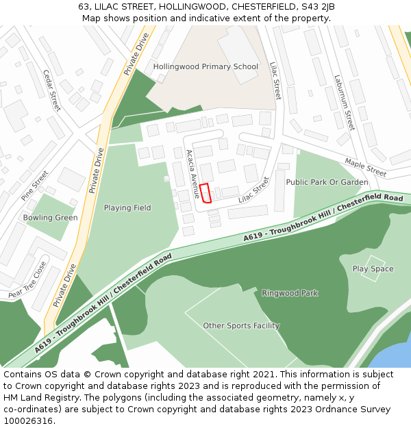 63, LILAC STREET, HOLLINGWOOD, CHESTERFIELD, S43 2JB: Location map and indicative extent of plot