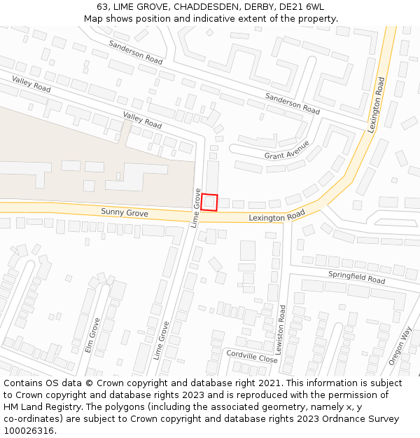 63, LIME GROVE, CHADDESDEN, DERBY, DE21 6WL: Location map and indicative extent of plot