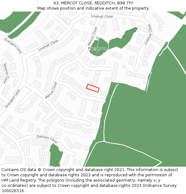63, MERCOT CLOSE, REDDITCH, B98 7YY: Location map and indicative extent of plot