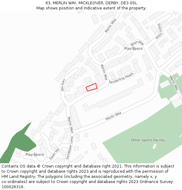 63, MERLIN WAY, MICKLEOVER, DERBY, DE3 0SL: Location map and indicative extent of plot