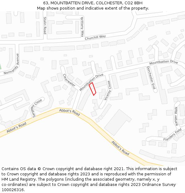 63, MOUNTBATTEN DRIVE, COLCHESTER, CO2 8BH: Location map and indicative extent of plot
