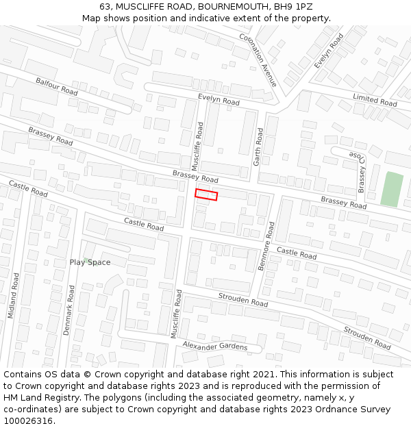 63, MUSCLIFFE ROAD, BOURNEMOUTH, BH9 1PZ: Location map and indicative extent of plot
