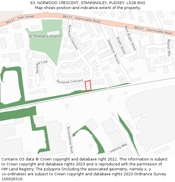 63, NORWOOD CRESCENT, STANNINGLEY, PUDSEY, LS28 6NG: Location map and indicative extent of plot