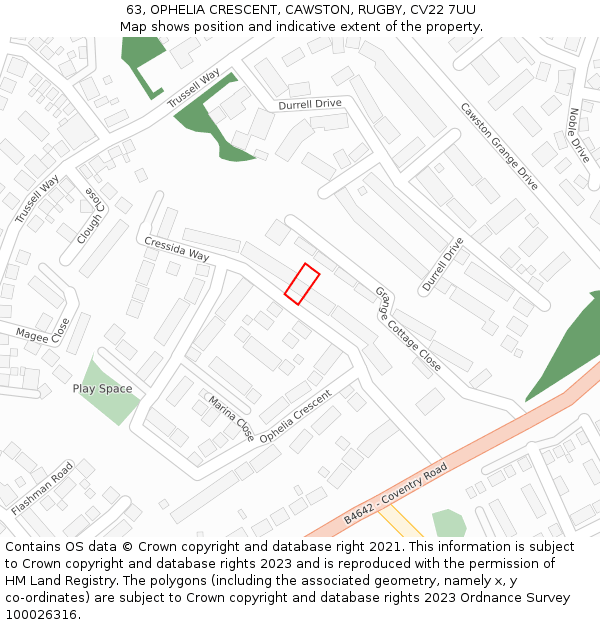 63, OPHELIA CRESCENT, CAWSTON, RUGBY, CV22 7UU: Location map and indicative extent of plot
