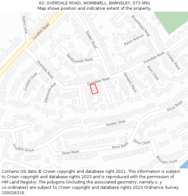 63, OVERDALE ROAD, WOMBWELL, BARNSLEY, S73 0RN: Location map and indicative extent of plot