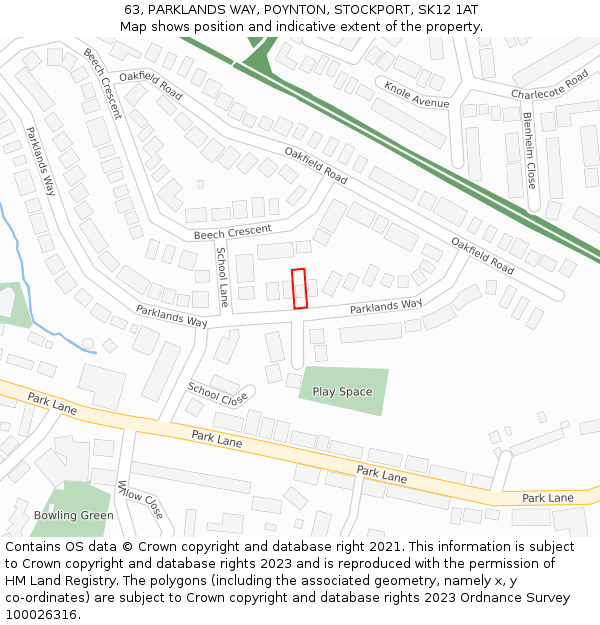 63, PARKLANDS WAY, POYNTON, STOCKPORT, SK12 1AT: Location map and indicative extent of plot