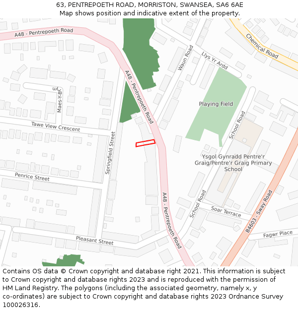 63, PENTREPOETH ROAD, MORRISTON, SWANSEA, SA6 6AE: Location map and indicative extent of plot