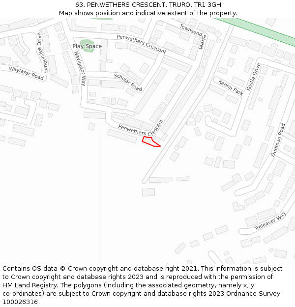 63, PENWETHERS CRESCENT, TRURO, TR1 3GH: Location map and indicative extent of plot