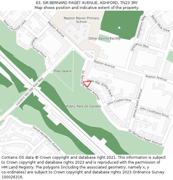 63, SIR BERNARD PAGET AVENUE, ASHFORD, TN23 3RY: Location map and indicative extent of plot