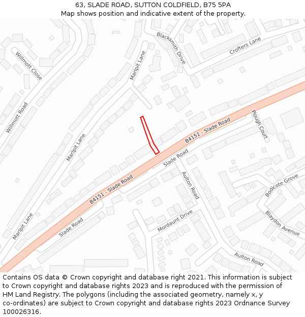 63, SLADE ROAD, SUTTON COLDFIELD, B75 5PA: Location map and indicative extent of plot