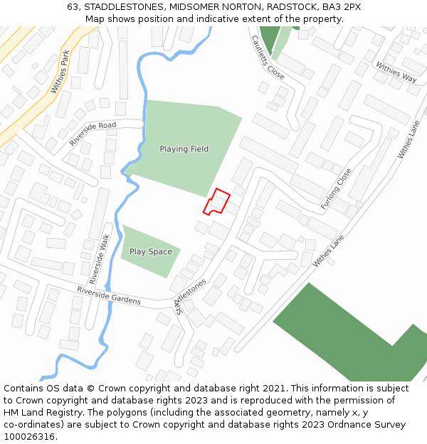 63, STADDLESTONES, MIDSOMER NORTON, RADSTOCK, BA3 2PX: Location map and indicative extent of plot