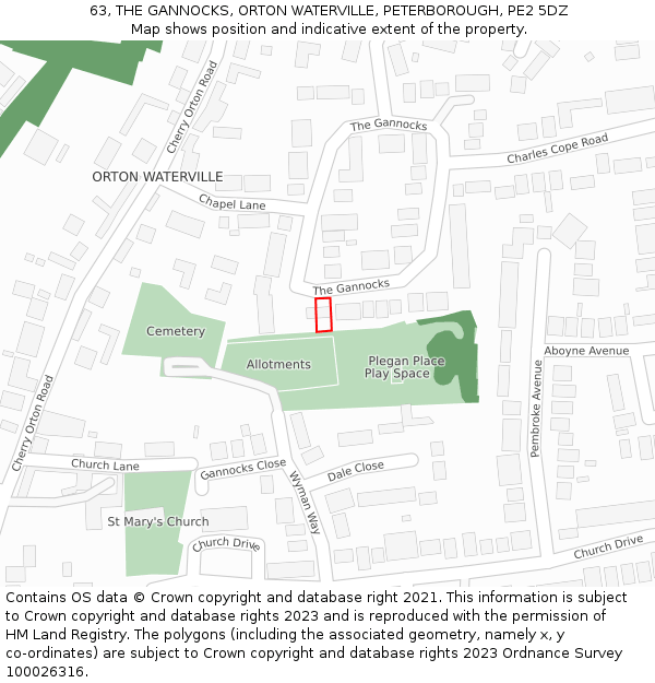 63, THE GANNOCKS, ORTON WATERVILLE, PETERBOROUGH, PE2 5DZ: Location map and indicative extent of plot