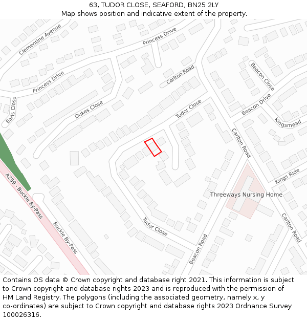 63, TUDOR CLOSE, SEAFORD, BN25 2LY: Location map and indicative extent of plot