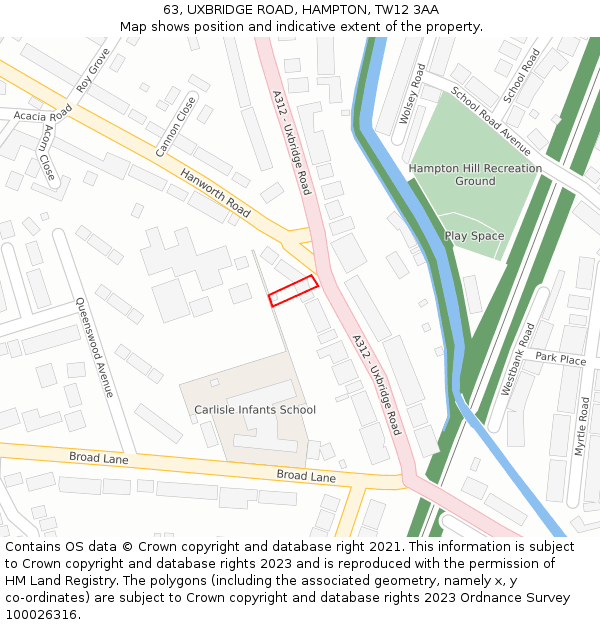 63, UXBRIDGE ROAD, HAMPTON, TW12 3AA: Location map and indicative extent of plot