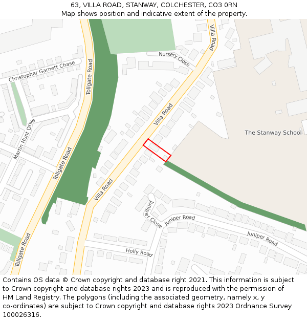 63, VILLA ROAD, STANWAY, COLCHESTER, CO3 0RN: Location map and indicative extent of plot