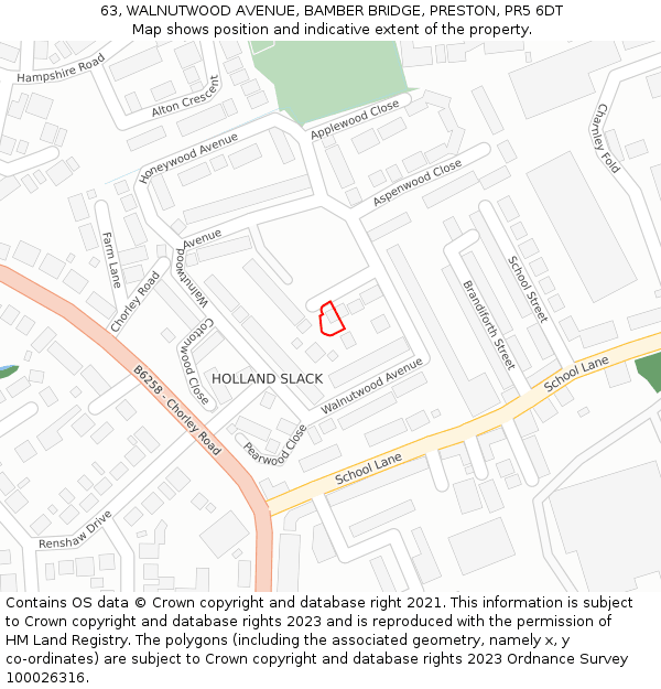 63, WALNUTWOOD AVENUE, BAMBER BRIDGE, PRESTON, PR5 6DT: Location map and indicative extent of plot