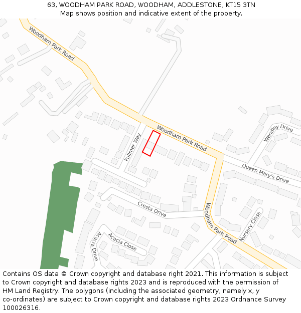 63, WOODHAM PARK ROAD, WOODHAM, ADDLESTONE, KT15 3TN: Location map and indicative extent of plot