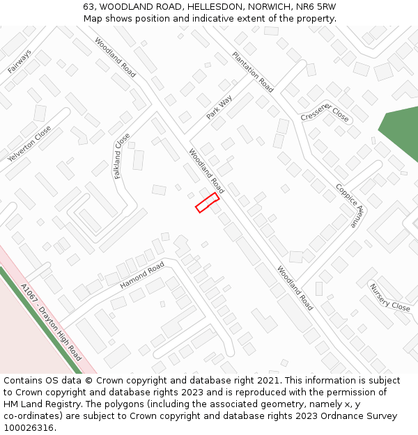 63, WOODLAND ROAD, HELLESDON, NORWICH, NR6 5RW: Location map and indicative extent of plot