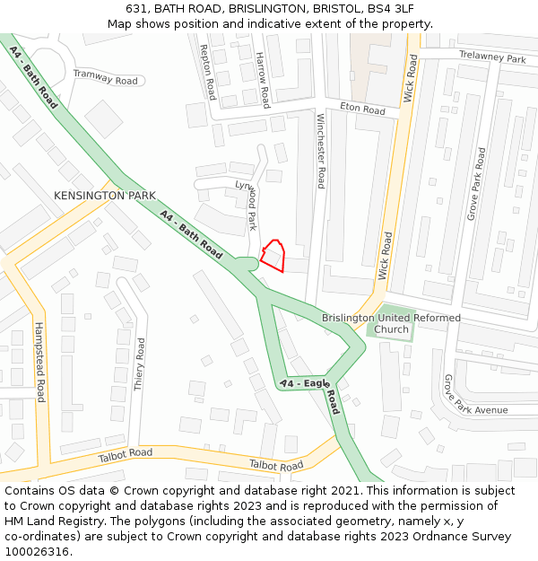631, BATH ROAD, BRISLINGTON, BRISTOL, BS4 3LF: Location map and indicative extent of plot