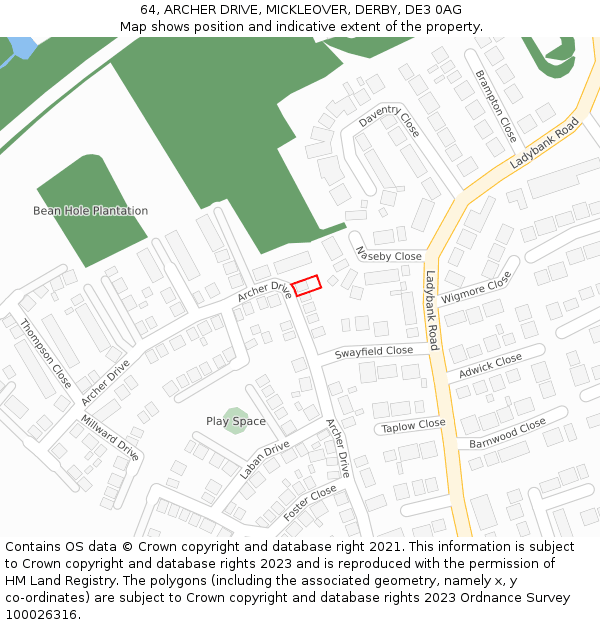64, ARCHER DRIVE, MICKLEOVER, DERBY, DE3 0AG: Location map and indicative extent of plot