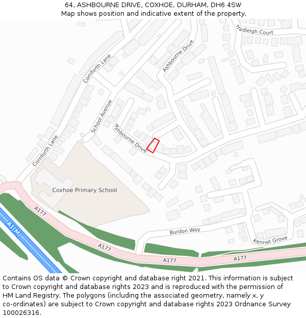64, ASHBOURNE DRIVE, COXHOE, DURHAM, DH6 4SW: Location map and indicative extent of plot