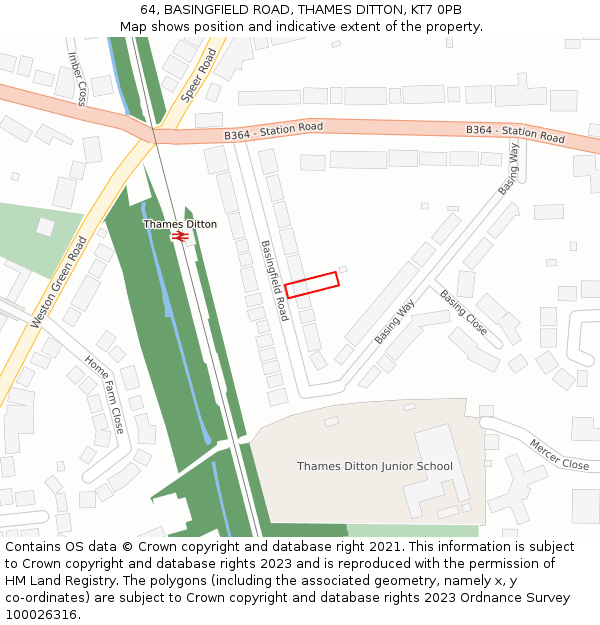 64, BASINGFIELD ROAD, THAMES DITTON, KT7 0PB: Location map and indicative extent of plot