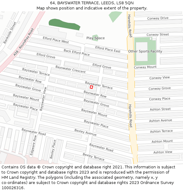 64, BAYSWATER TERRACE, LEEDS, LS8 5QN: Location map and indicative extent of plot
